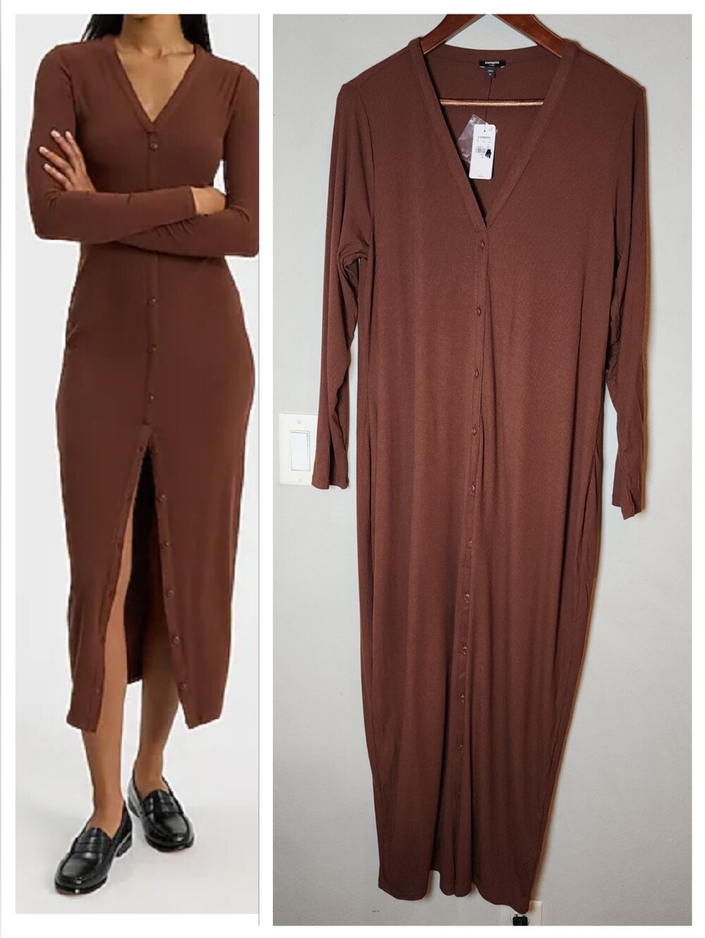 NWT Express Ribbed Knit Long Sleeve Button Down Midi Maxi Brown Dress Size XL